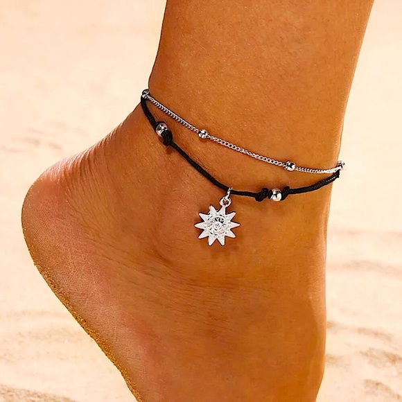 🔴𝟭𝟬/$𝟮𝟱🔴NEW 2 Layered Black Cord Sun Charm Bohemian Anklet - Picture 4 of 11
